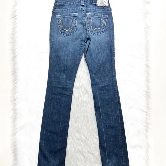 True Religion Straight Leg Low Rise Medium Wash Logo Embroidered Jeans - Picture 3 of 10